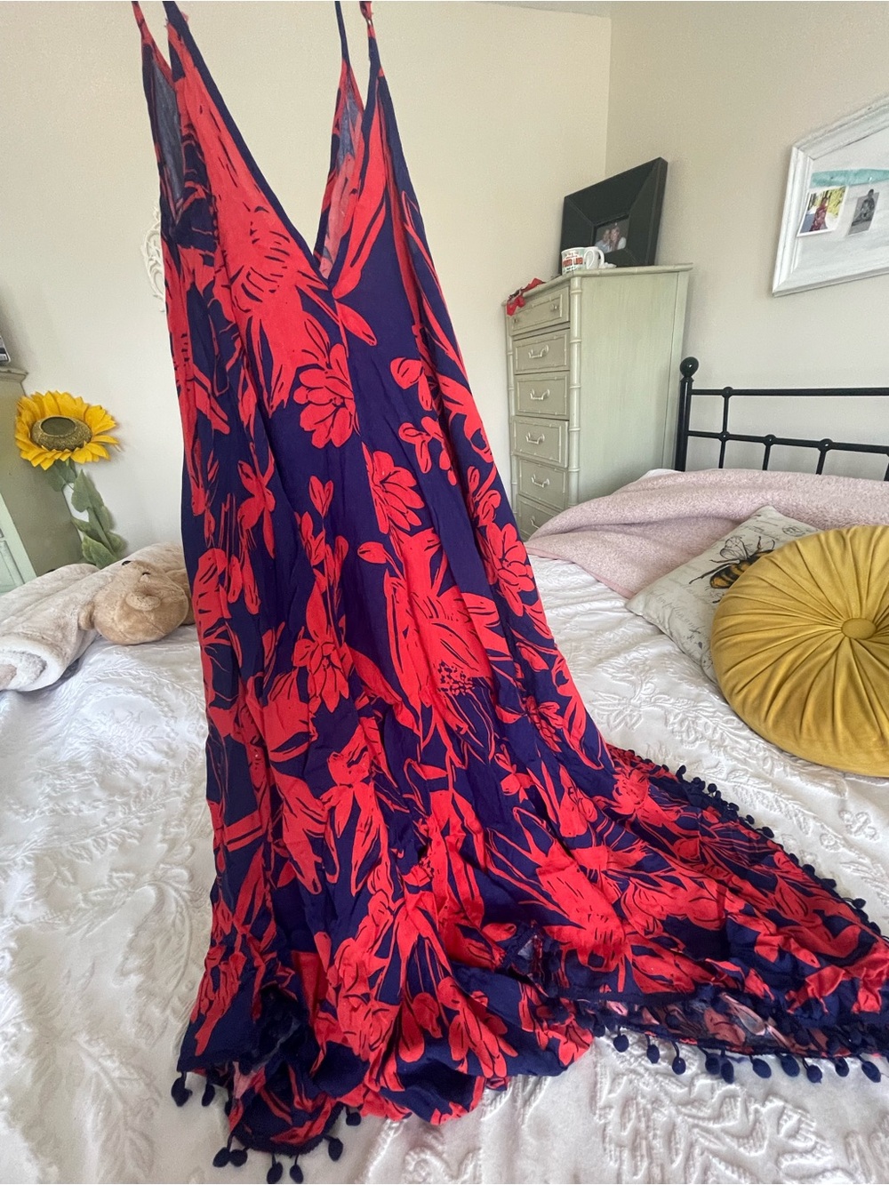 Japna Navy & Red Floral Beach Dress with Spaghetti Straps - Boho Midi Dress